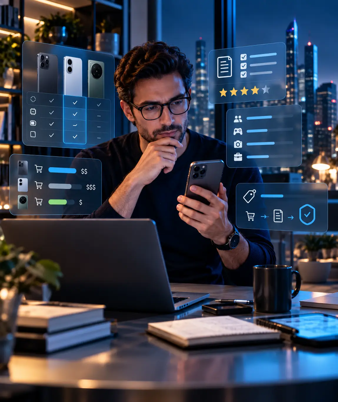 Smartphones e anotações sobre uma mesa de trabalho editorial.