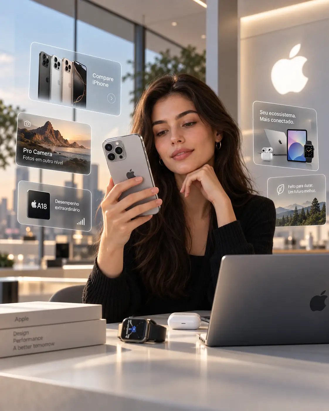 Mulher usando iPhone em ambiente com identidade visual Apple