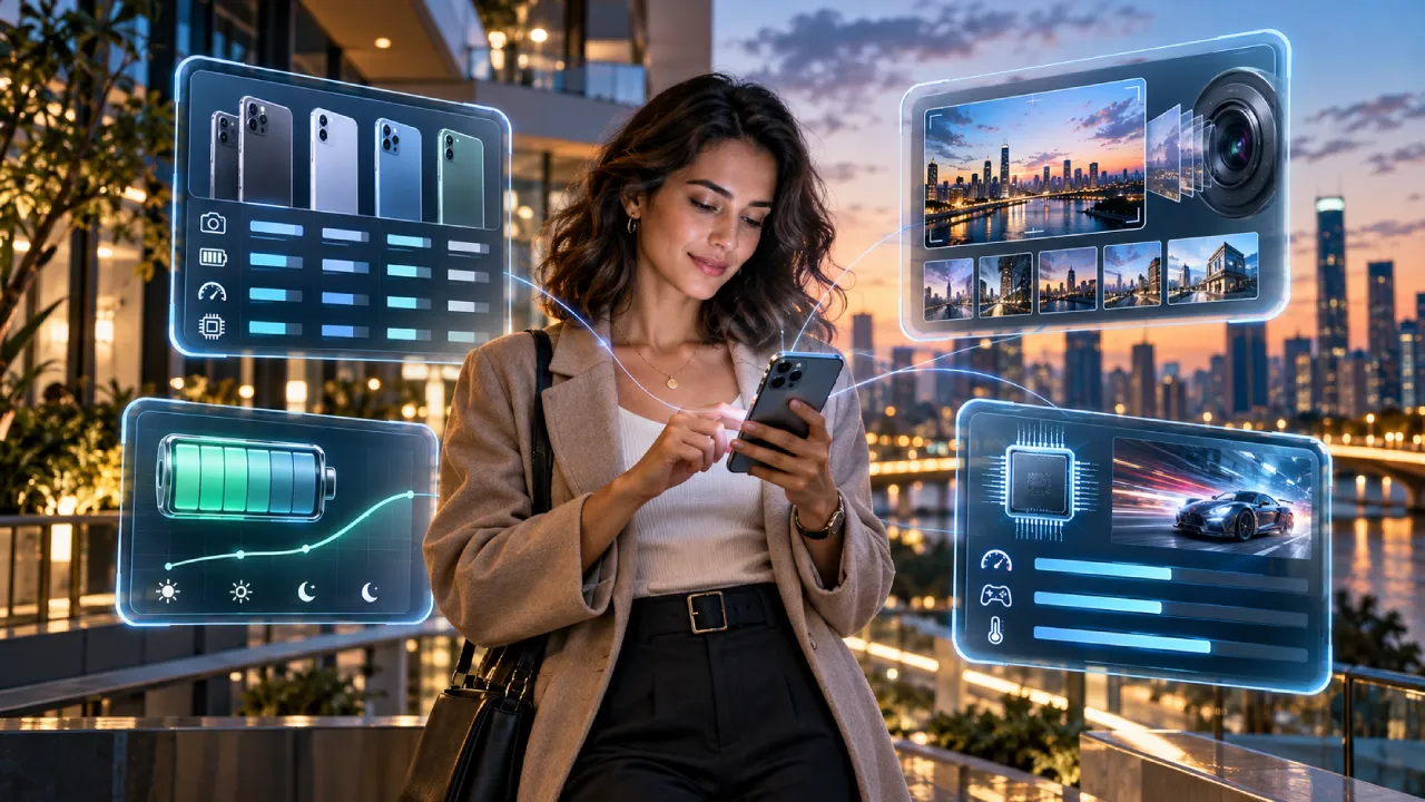 Pessoa analisando smartphones e informações de tecnologia.