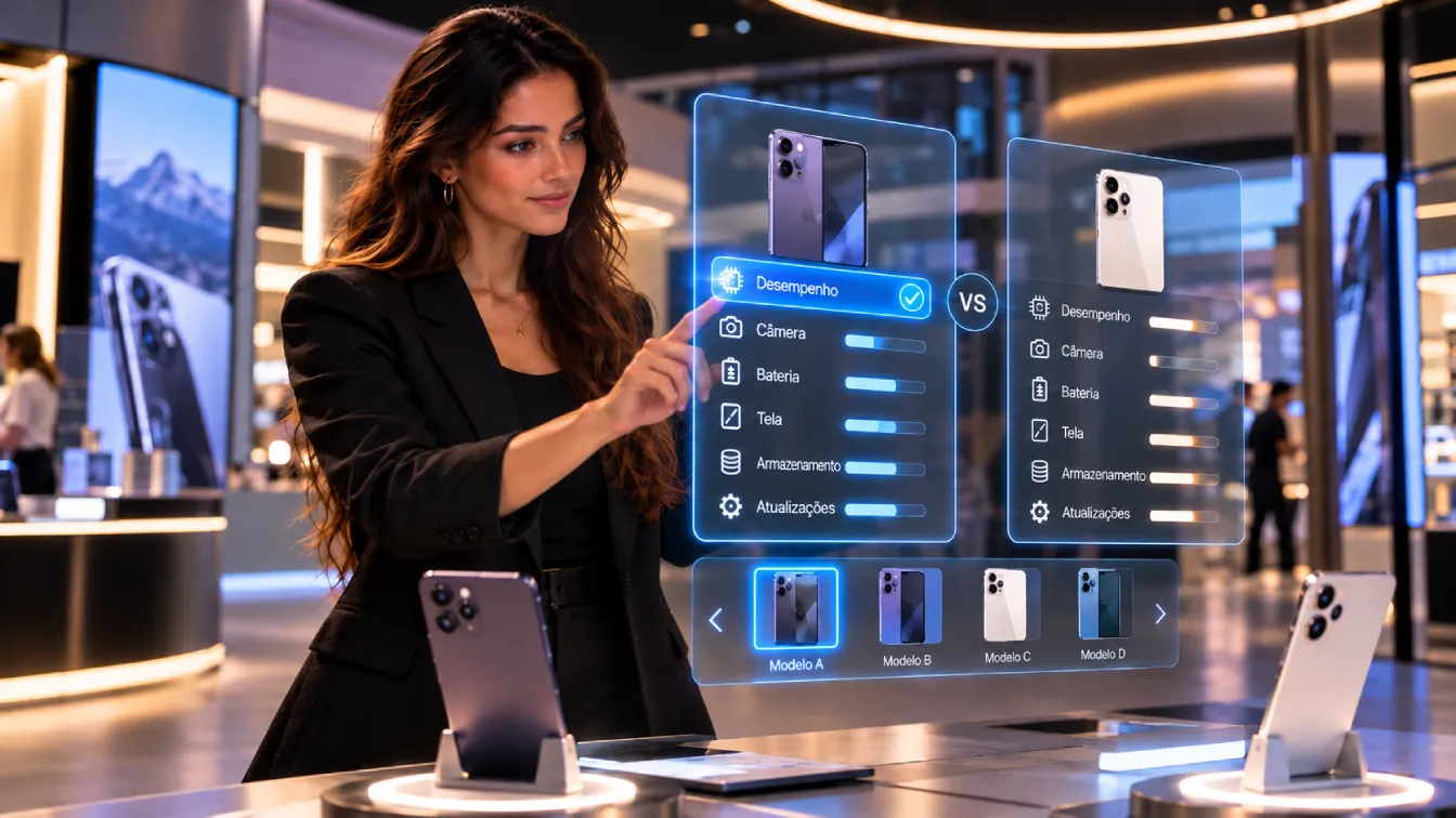 Mulher comparando modelos de smartphones