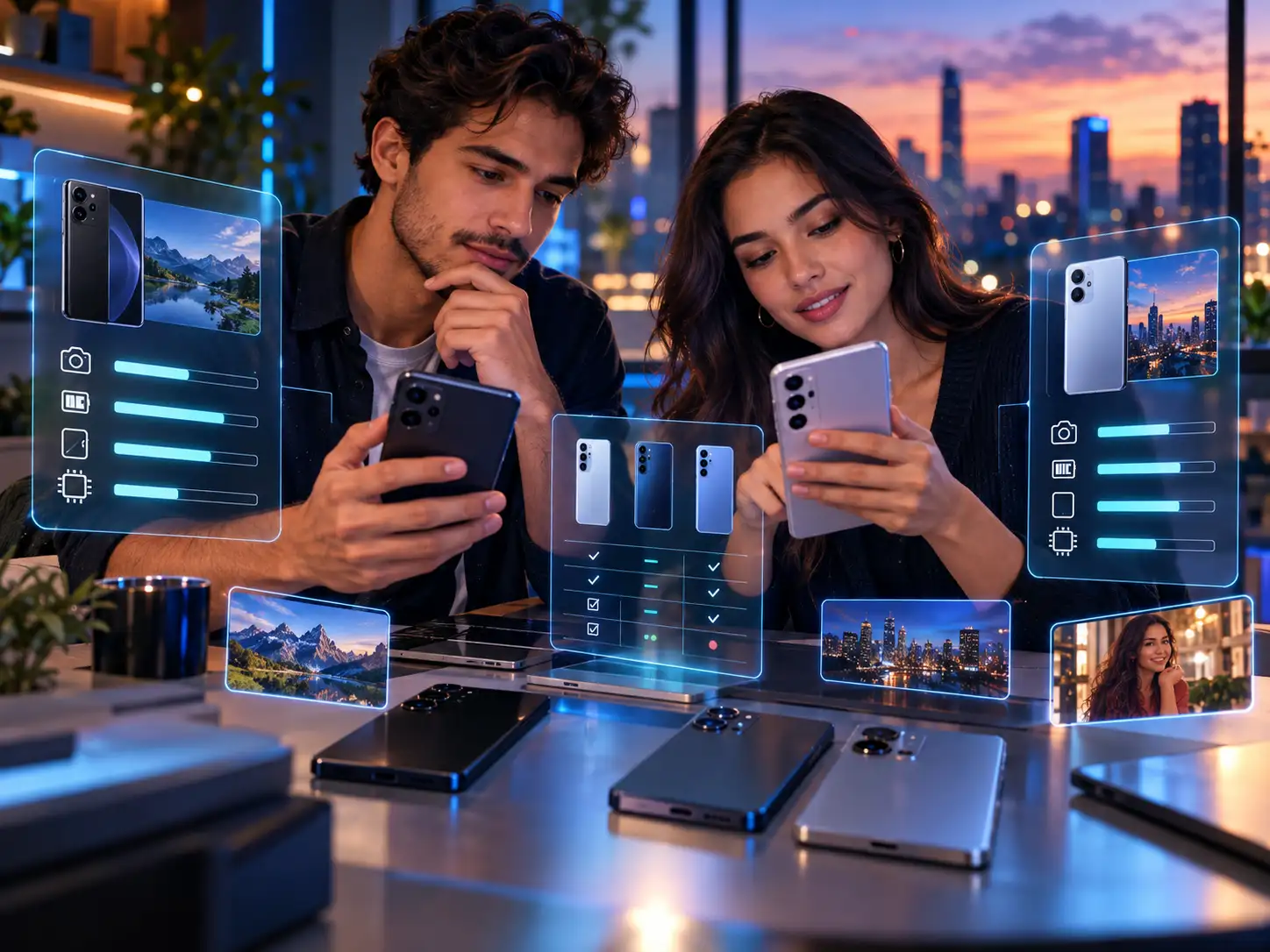 Homem e mulher comparando smartphones com interfaces tecnológicas