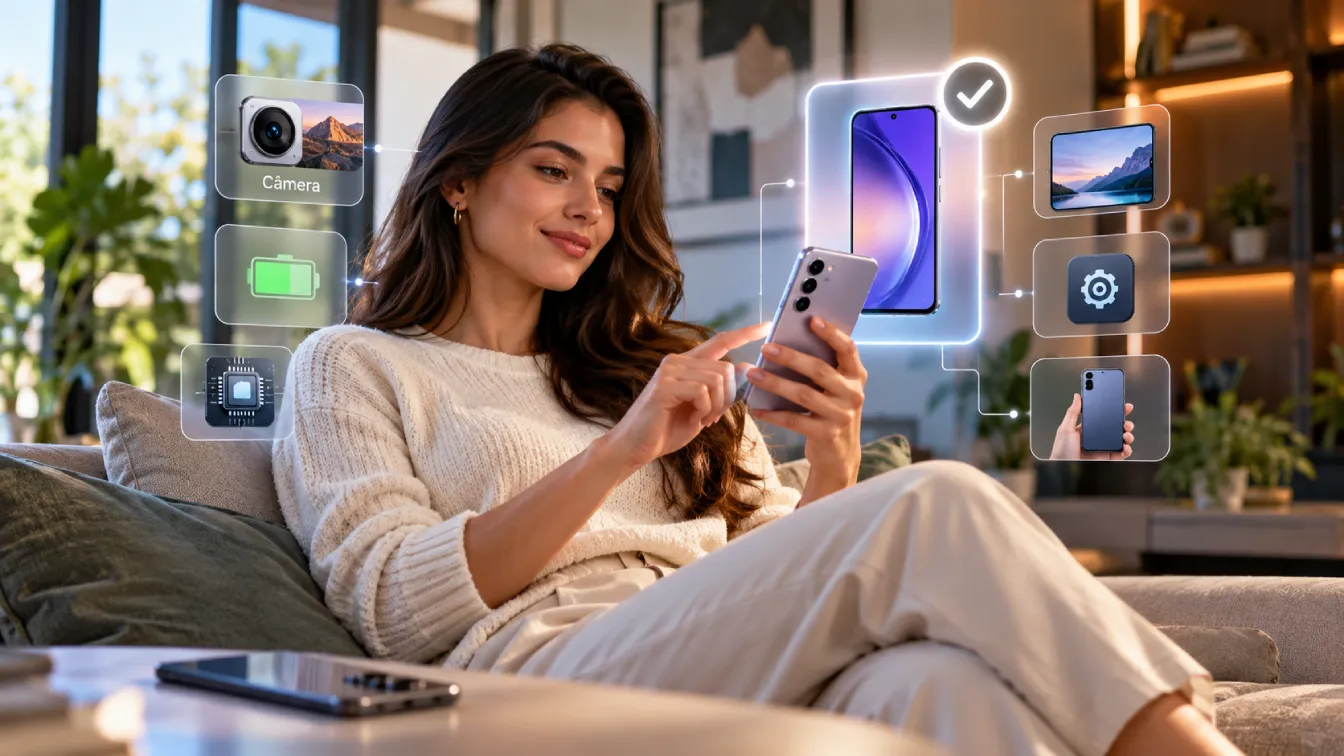 Mulher avaliando qual smartphone combina com suas prioridades