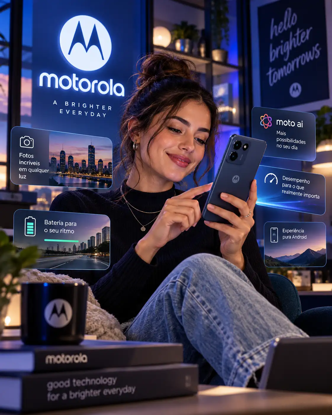 Mulher usando smartphone Motorola em ambiente com identidade visual da marca