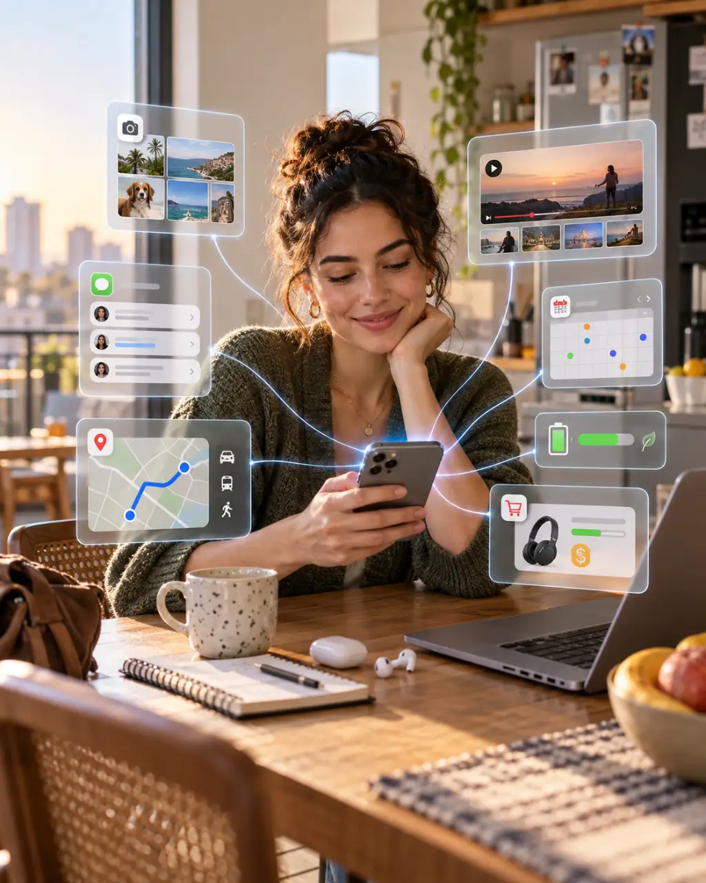 Pessoa consultando informações sobre smartphones em uma mesa de trabalho.