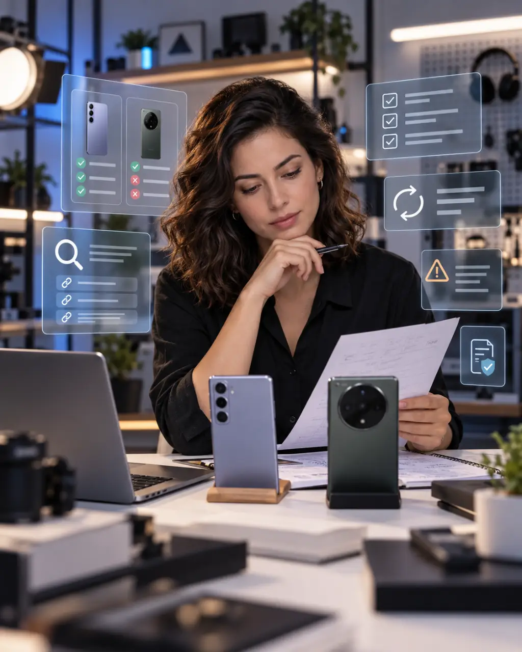 Anotações e smartphones em uma cena ilustrativa de pesquisa editorial.