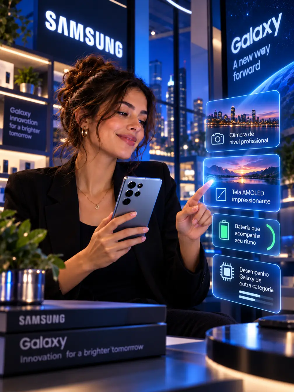 Mulher usando smartphone Samsung em ambiente tecnológico