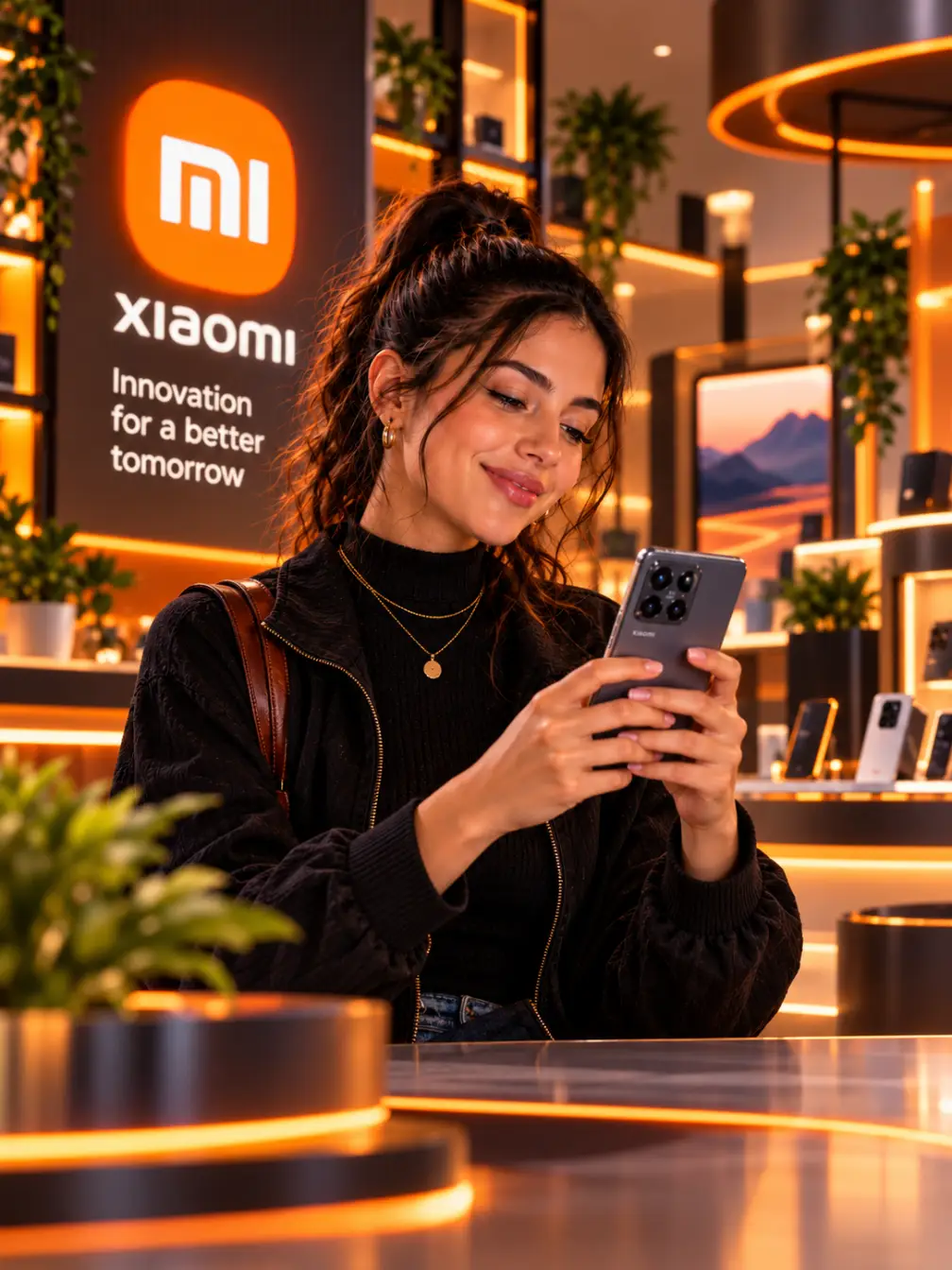 Mulher usando smartphone Xiaomi em ambiente com identidade visual da marca